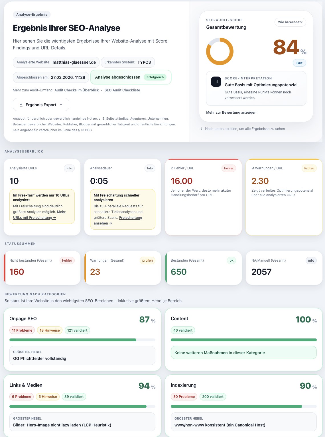 Aktuelle Seitenreport SEO-Analyse mit Score, KPI-Karten und Kategoriebewertungen