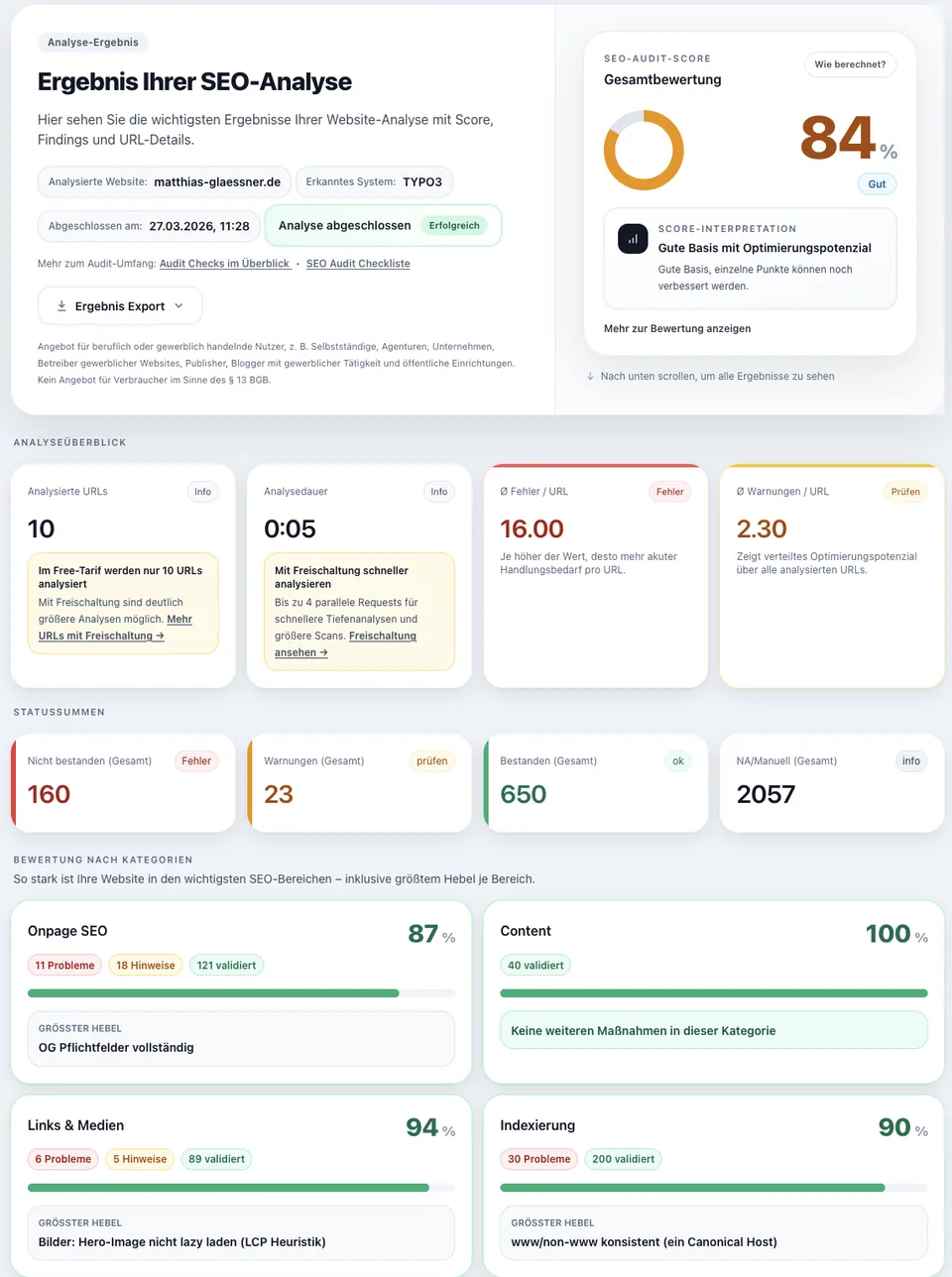 SEO Analyse Oberfläche als Grundlage für Agentur-Briefings