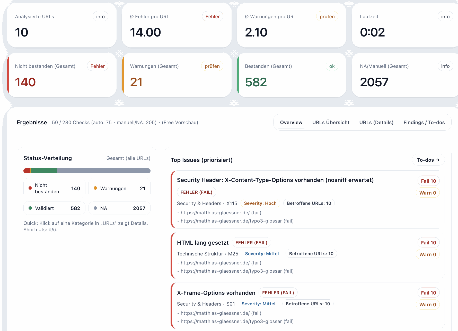Seitenreport SEO-Analyse mit priorisierten Findings, Bewertungen und technischen Website-Checks