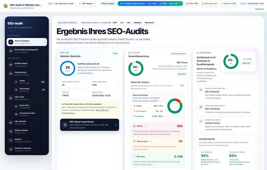 Screenshot des Seitenreport SEO-Audit-Dashboards mit URL-Übersicht, SEO-Score, AI-Readiness und priorisierten Statushinweisen