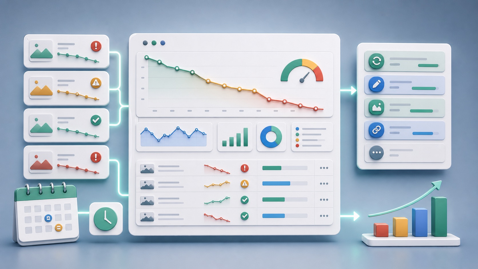 SEO-Monitoring-Dashboard mit fallender Content-Sichtbarkeit und Refresh-Prioritaeten