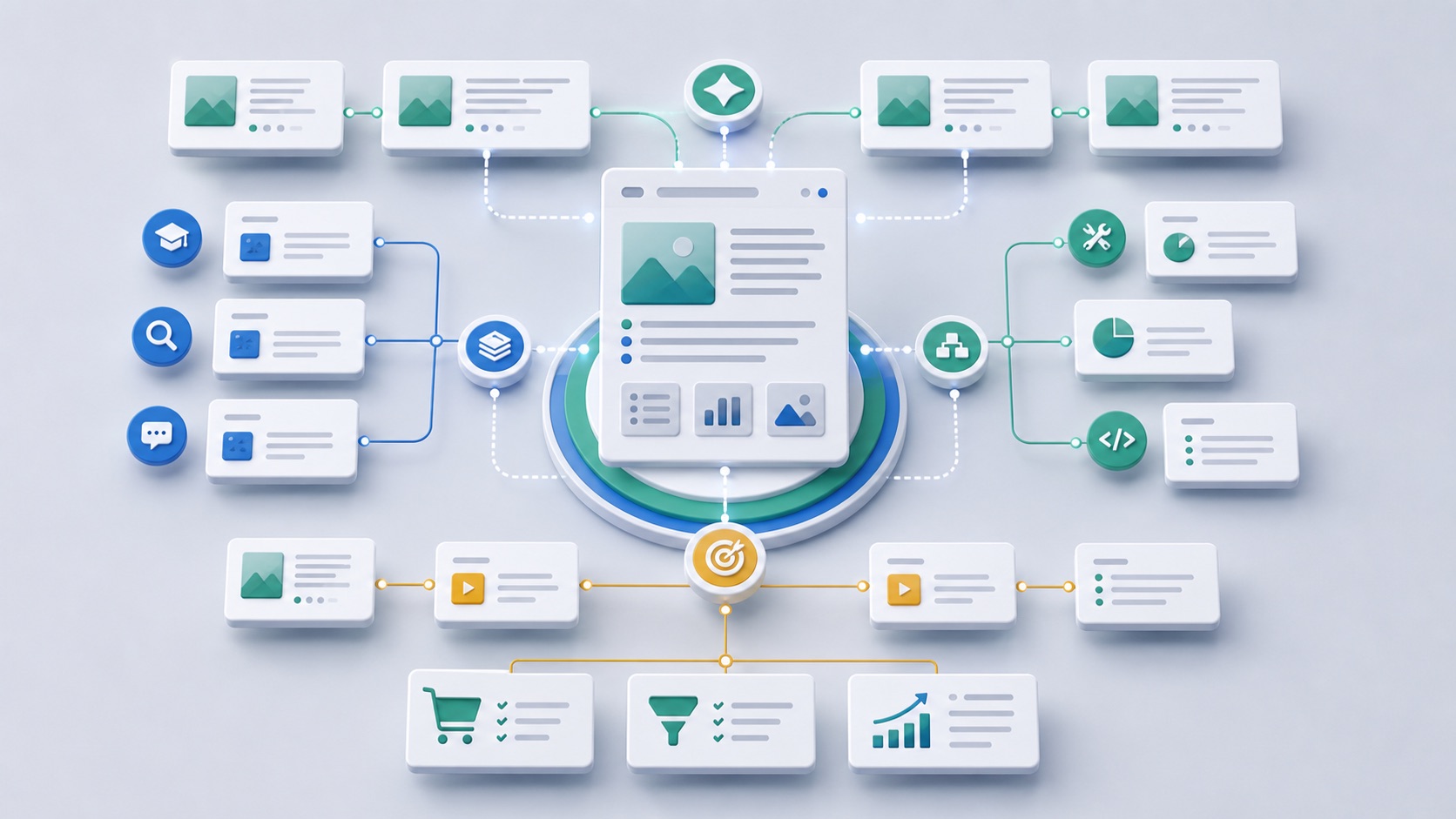 Content-Hub mit Pillar-Seite, Fachartikeln, Tools und internen Linkpfaden