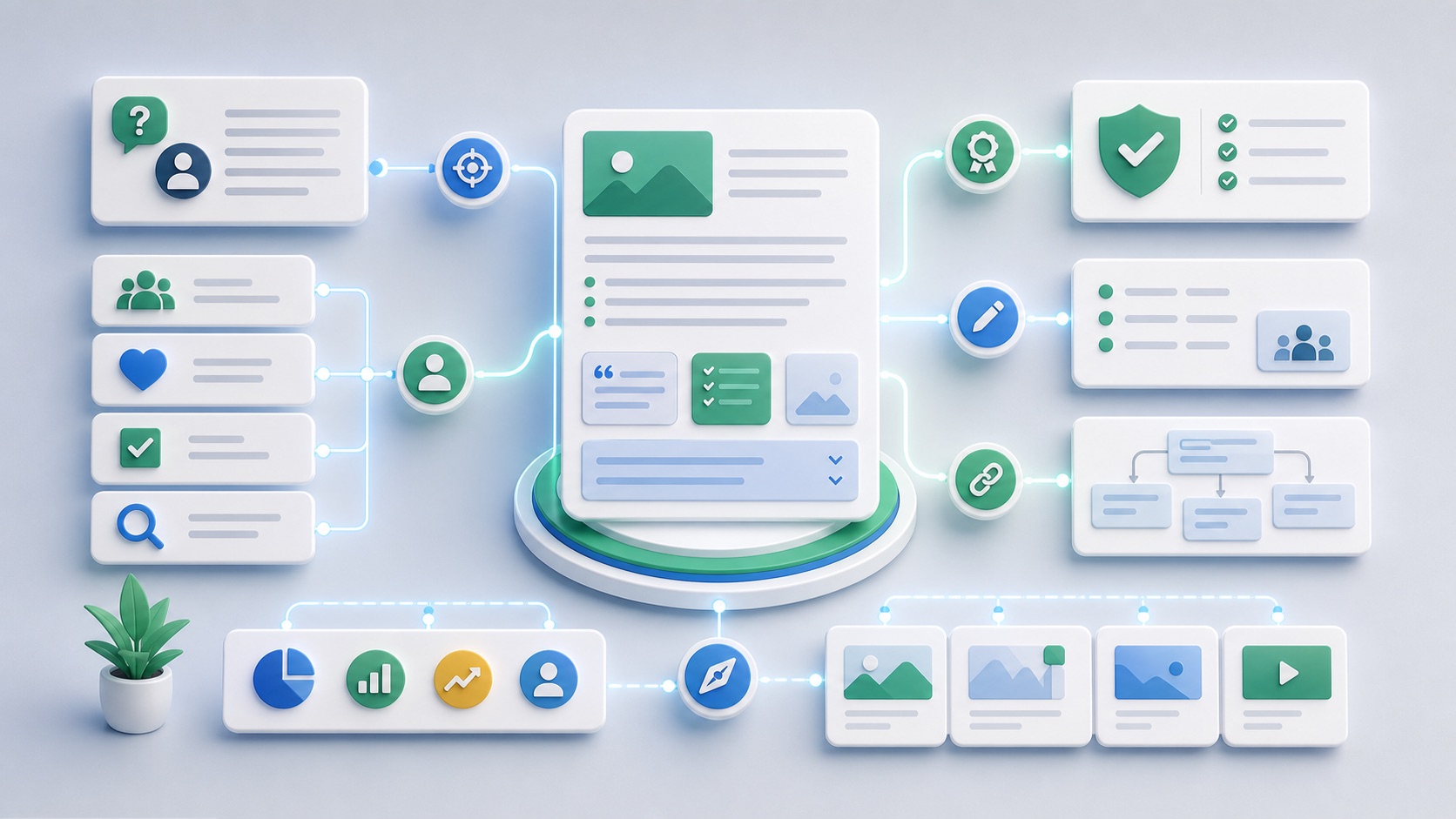 Redaktioneller Workflow fuer hilfreiche Inhalte mit Nutzerfrage, Erfahrung, Struktur und Qualitaetscheck
