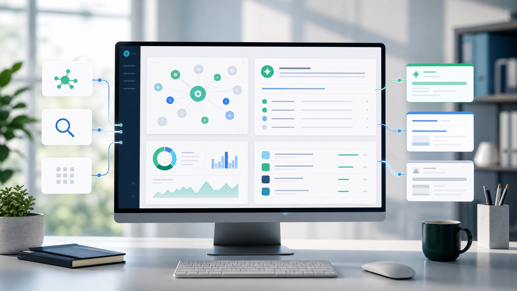 SEO-Dashboard fuer KI-Sichtbarkeit mit Suchergebnissen, Quellen und Themenclustern