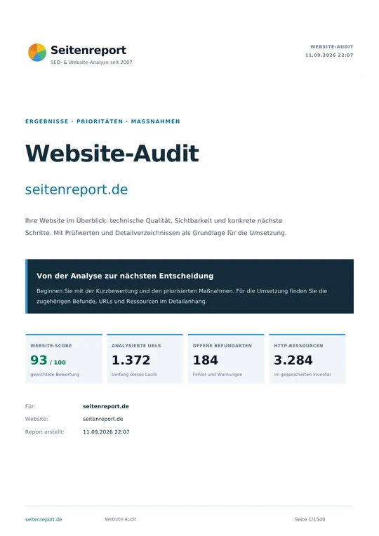 Titelseite des vollständigen Beispiel-Audits von seitenreport.de vom 11. September 2026