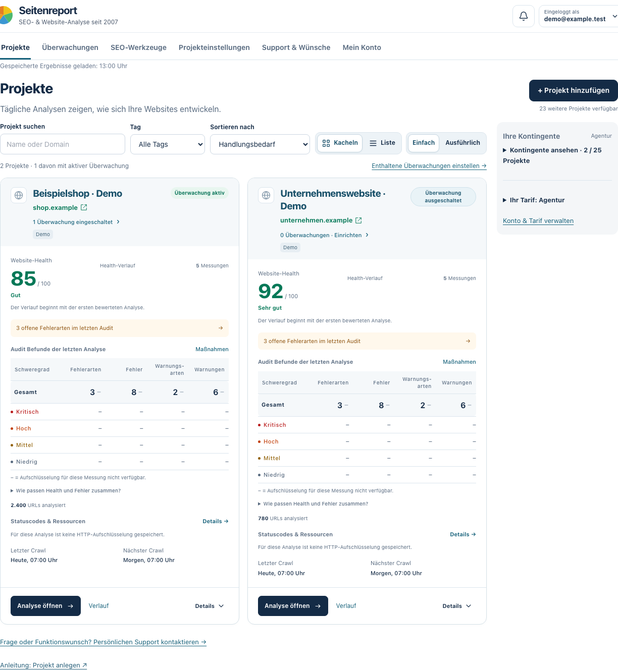Projektübersicht der SEO Suite mit einem Beispielshop und einer Unternehmenswebsite