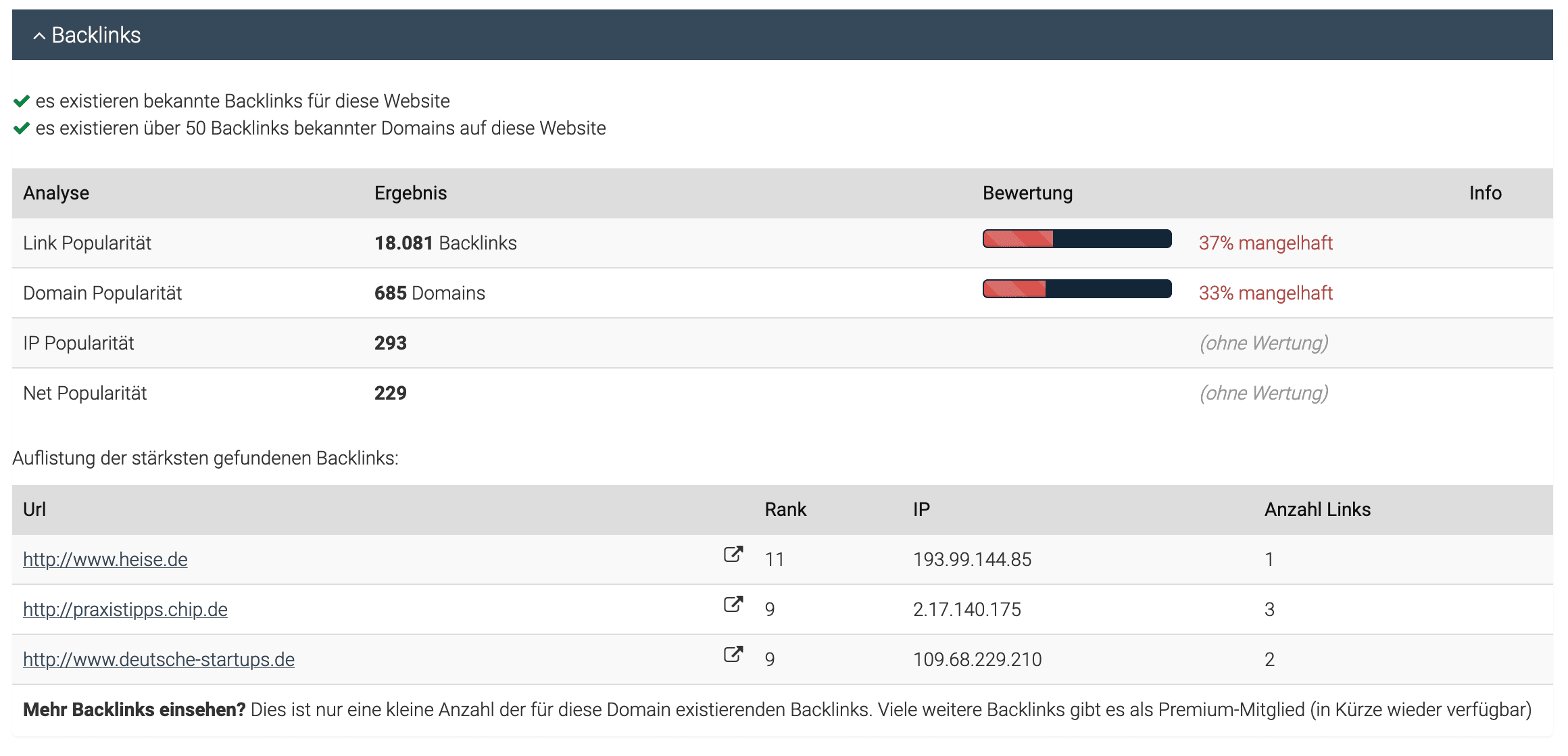 Seitenreport Backlink-Analyse