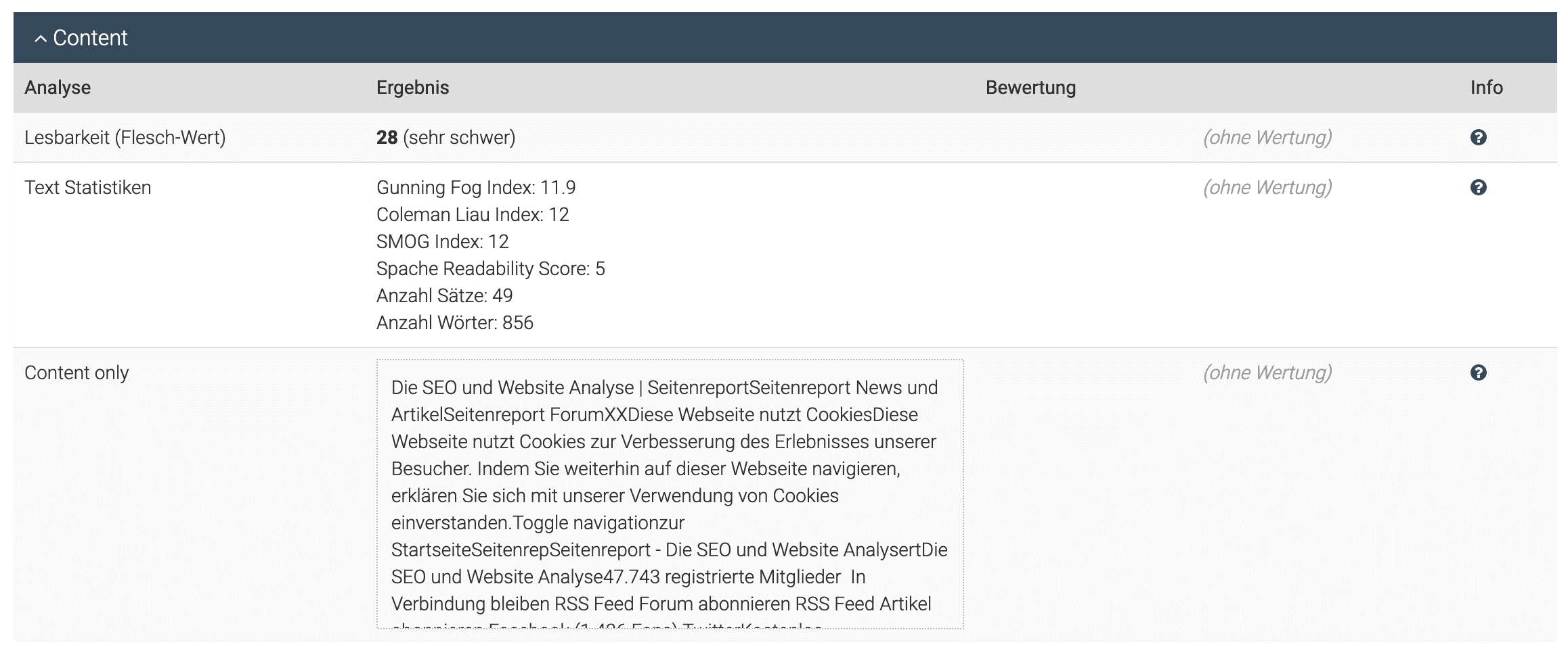 Seitenreport Content-Analyse