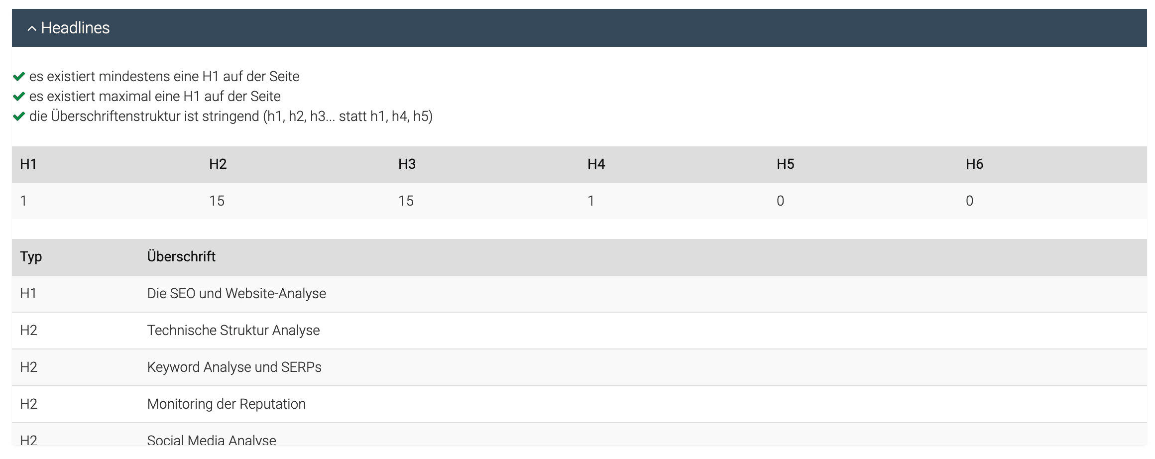 Seitenreport Headline-Analyse