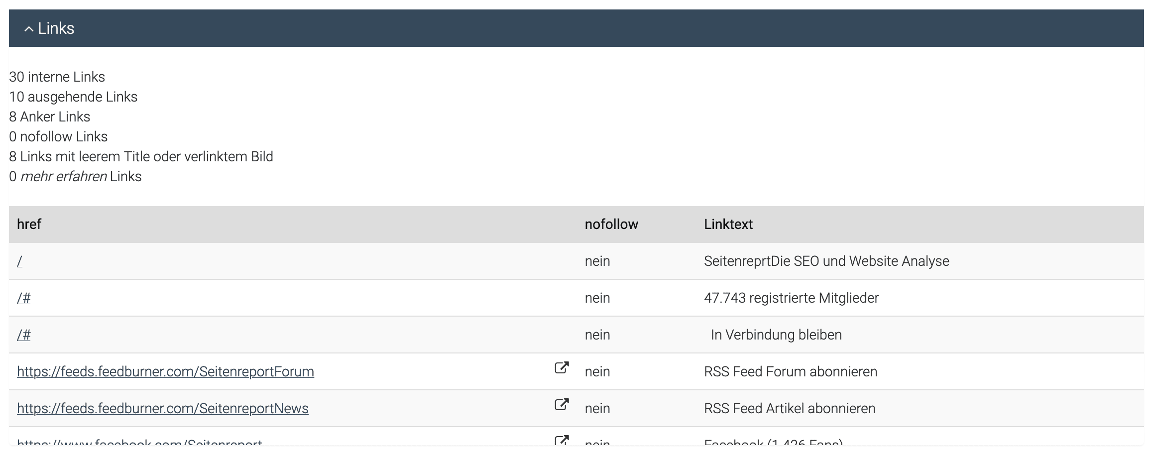 Seitenreport Link-Analyse