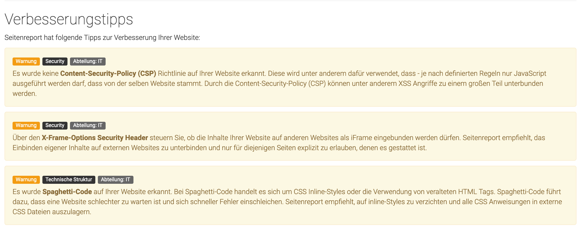 Seitenreport Verbesserungstipps